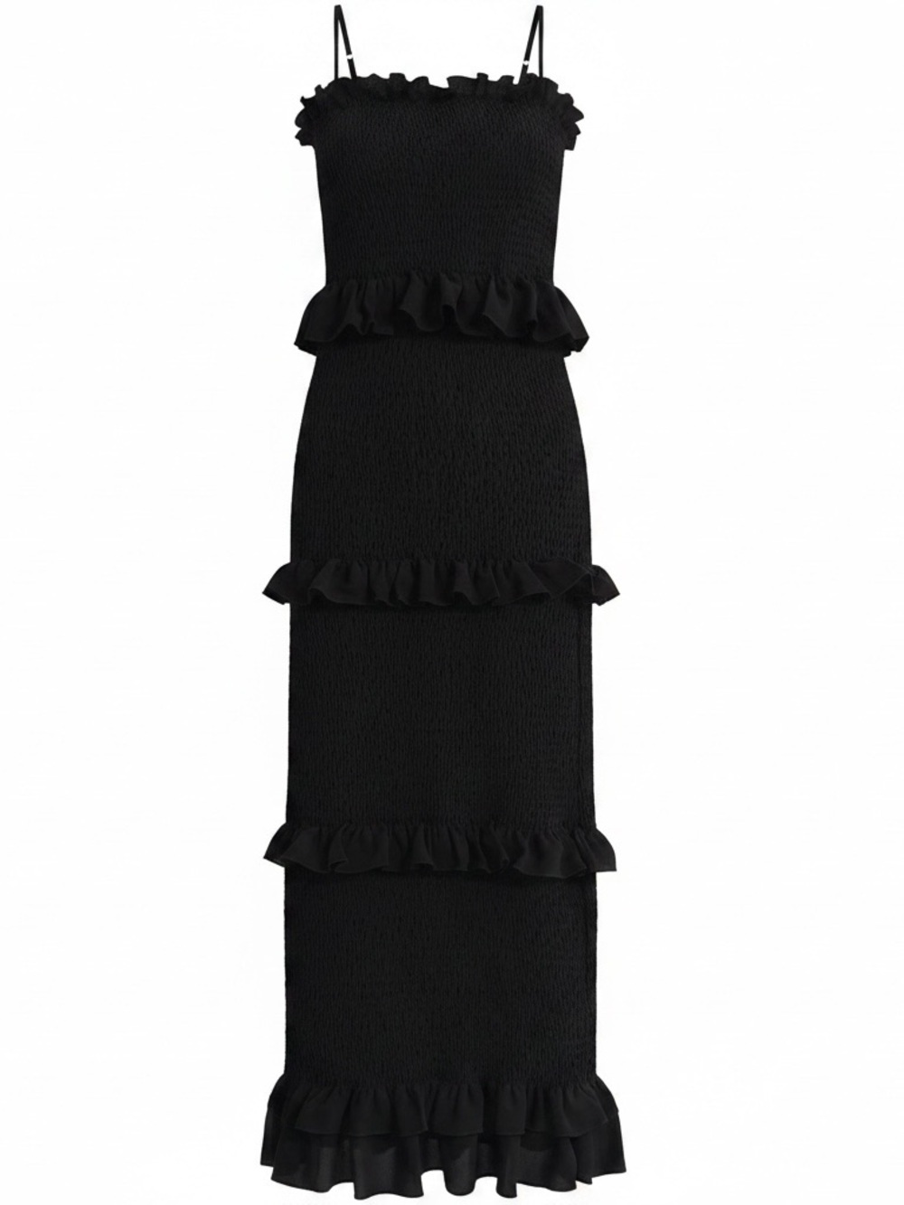 Smocked Ruffle-Tiered Midi Dress in Black